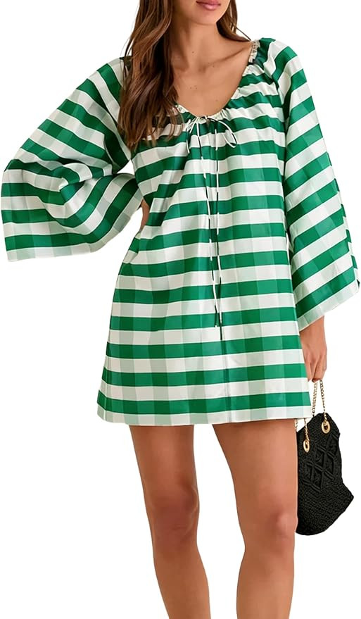 Women's Boho Dress Gingham Bell Sleeve Tie Neck Shift Dress Beach Cover Up Mini Dress | Amazon (US)