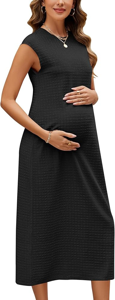 OUGES Womens 2025 Spring Cap Sleeve Maternity Dress Textured Midi Summer Pregnancy Business Casua... | Amazon (US)