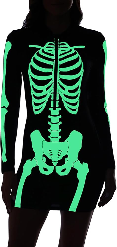 HDE Women's Skeleton Dress Halloween Costume Stretchy Long Sleeve Mini Dress | Amazon (US)