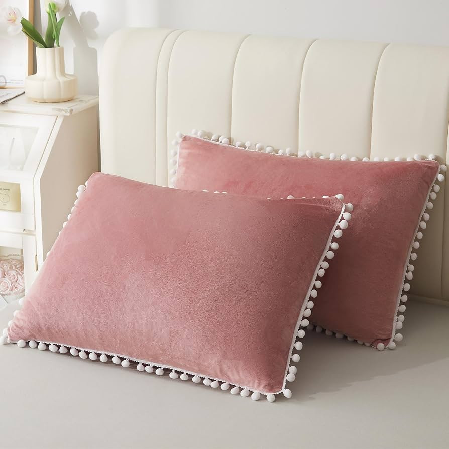 LIFEREVO 2 Pack Pom-poms Cozy Velvet Bed Pillowcases, Fuzzy Microfiber Pillow Shams with Tassels,... | Amazon (US)