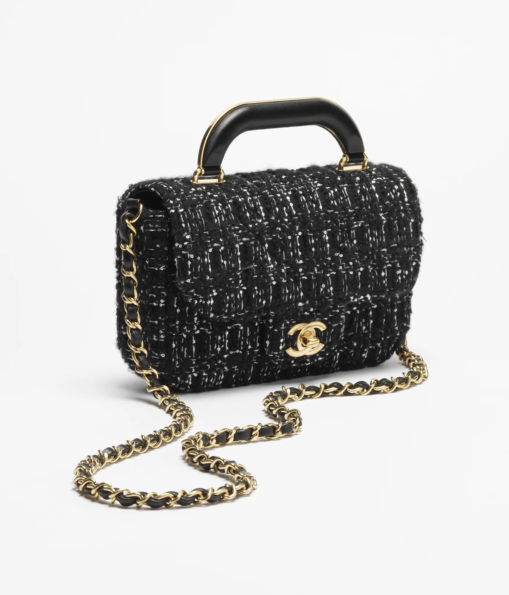 Mini flap bag with top handle, Cashmere tweed & gold-tone metal, black & white — Fashion | CHAN... | Chanel, Inc. (US)