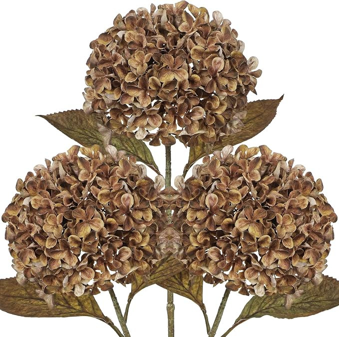 Hollyone 3PCS Fall Brown Large Silk Hydrangeas Artificial Flowers with Stem | Amazon (US)