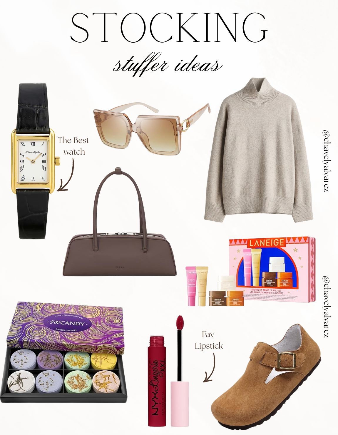 STOCKING STUFFERS: Luxury, Comfort, & Everyday Beauty! 💄

Embrace the art of giving with this perfectly balanced collection of daily essentials! ✨

We are obsessed with the statement piece: a timeless gold rectangular watch with a sleek black croc-embossed leather strap. Balance the sophisticated timepiece with cozy favorites like a neutral high-neck knit sweater and plush tan suede clogs. Finish the curation with elevated everyday luxuries: a chic structured chocolate brown handbag, oversized square sunglasses, a relaxing set of colorful shower steamers, and viral beauty must-haves including the Laneige lip mask set and a classic deep berry liquid lipstick!

#StockingStuffers
#GiftGuide2025
#HolidayGifts
#GiftsForHer
#EverydayLuxury
#CozyVibes
#BeautyEssentials
#Laneige
#WinterStyle
#GiftIdeas
#GoldWatch
#ClogLife
#LTKGiftGuide
#LTKUnder50
#HolidayWishlist


#LTKBeauty #LTKGiftGuide #LTKHoliday