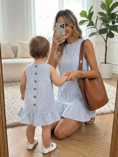 Babygirl Summer Vacation Casual Cute Striped Ruffle Hem Sleeveless Dress Baby And Mom Set Light B... | SHEIN