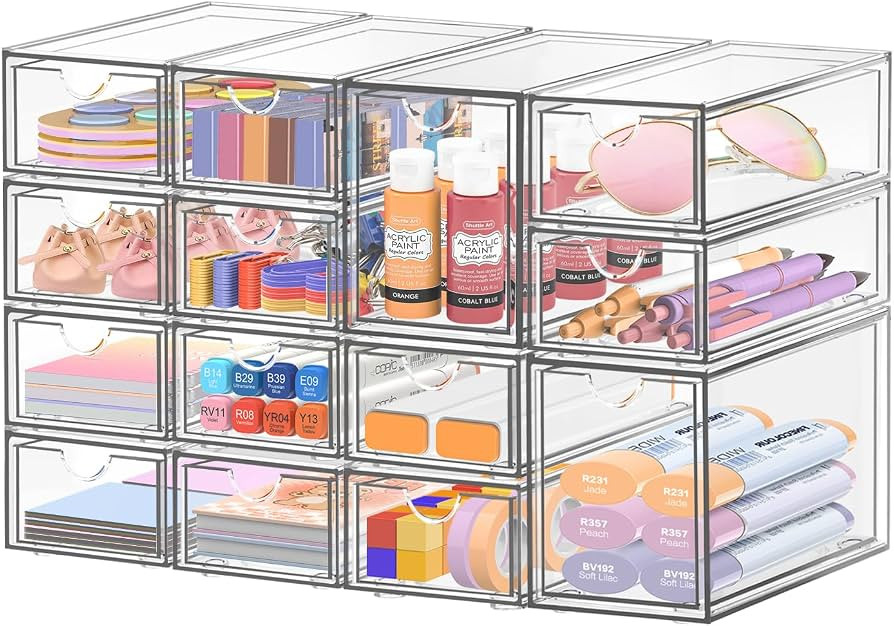 Desk Organizer with14 Drawers, ToyaJeco 14 Packs Clear Acrylic Desktop Storage Drawers Makeup Org... | Amazon (UK)
