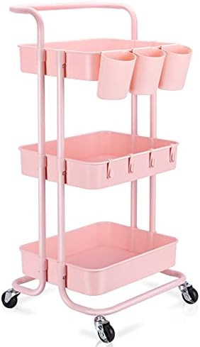 Amazon.com : 3-Tier Rolling Mobile Utility Cart with Hanging Cups & Hooks & Handle Multifunctiona... | Amazon (US)