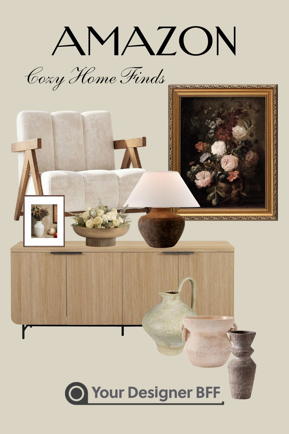 Cozy meets classic 🤍Curated “collected” style with timeless pieces from Amazon Home.Mixing soft upholstery, warm wood tones, and vintage-inspired artwork to create a space that feels layered and lived-in. From the sculptural ceramics to the fluted cabinet and floral accents, every detail adds depth and charm.Perfect for achieving that cozy, elevated home aesthetic without the designer price tag ✨ #AmazonHome #CozyFinds #NeutralDecor #CollectedHome

#LTKHome