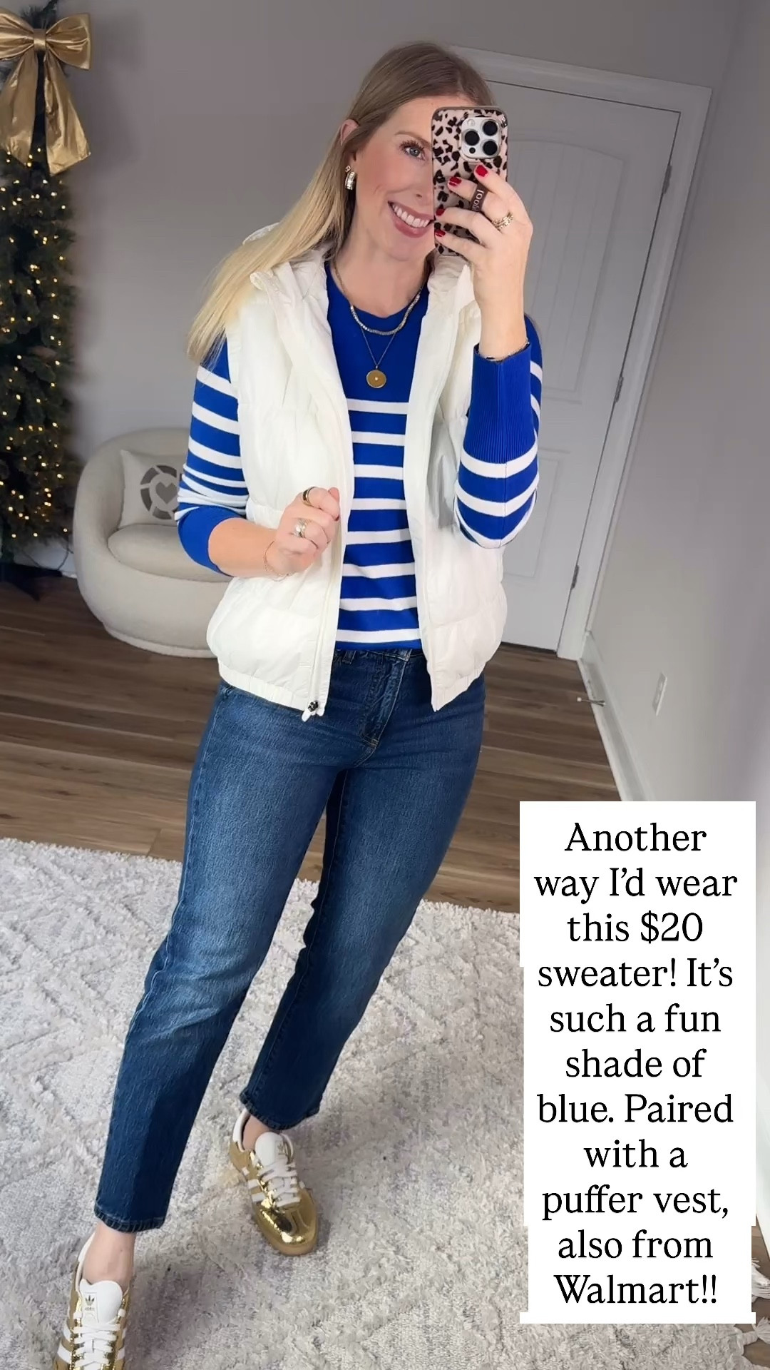 Walmart try on, Walmart outfit, blue striped sweater, white puffer vest 

Small in both 

#LTKootd #LTKFindsUnder50