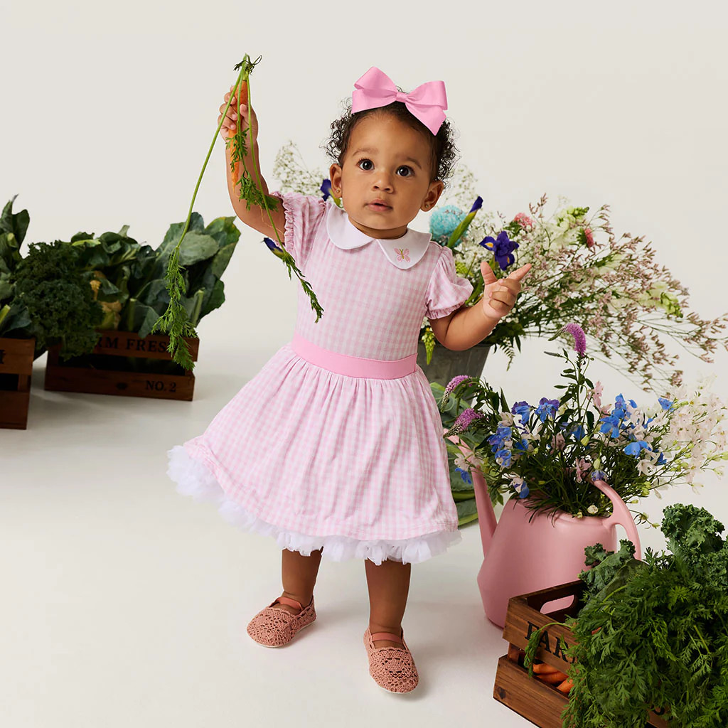 Picnic Pink Short Sleeve Garden Gingham Pink Petticoat Bodysuit Dress | Posh Peanut® | Posh Peanut