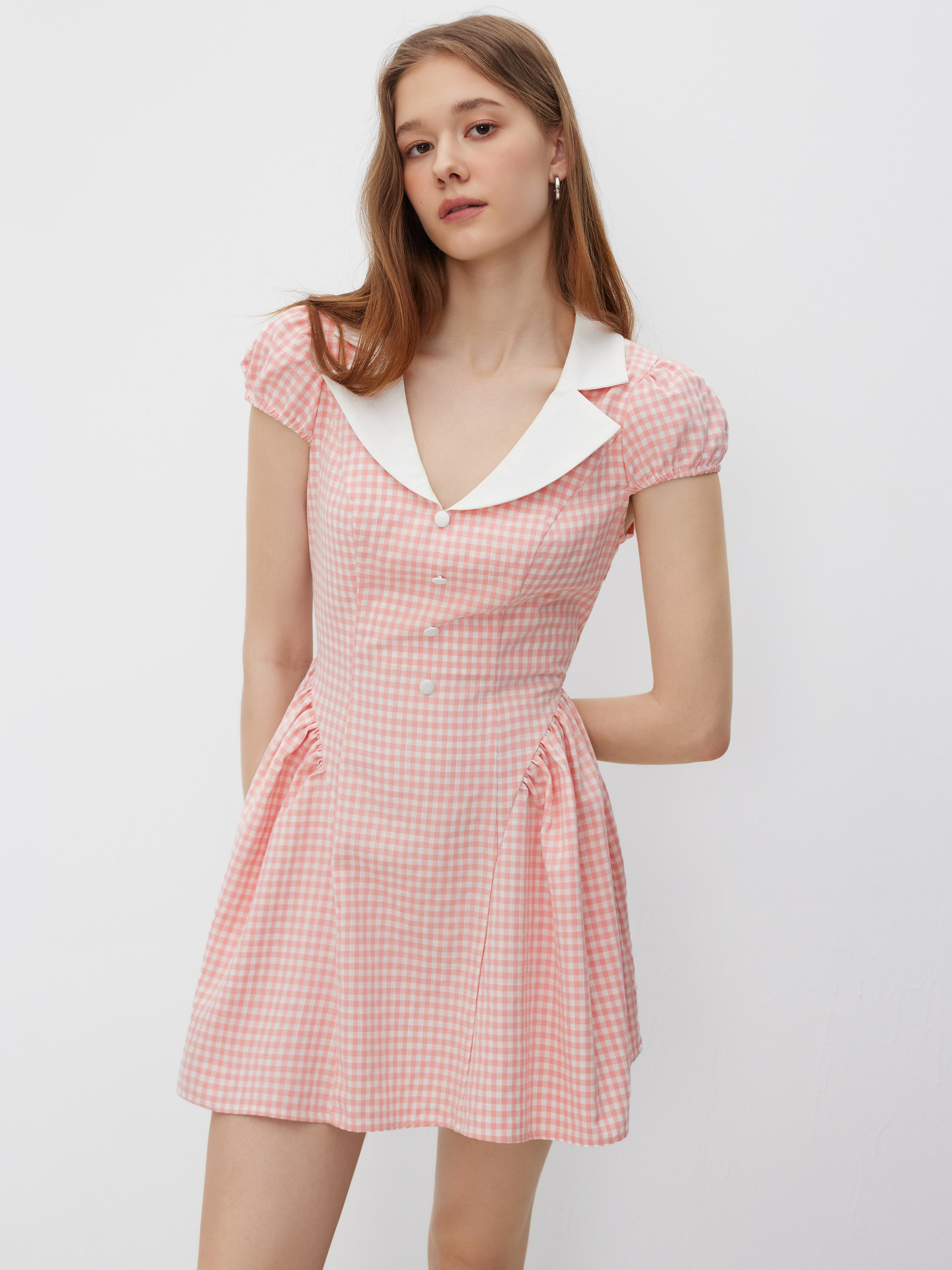 Intessuto Mini abito a balze a quadretti con colletto in cotone For Casual per tutti i giorni | Cider