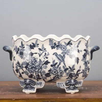 Scallop Edge Porcelain Novelty Pot Planter - White/Blue Birds | Wayfair North America