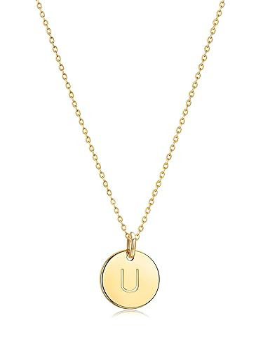 Bemoly Initial Necklace for Women Round 11MM Coin Disc Double Side Engraved Letter U Hammered Pendant 14K Gold Plated Personalized Alphabet Birthday Jewelry 17.5" | Amazon (US)