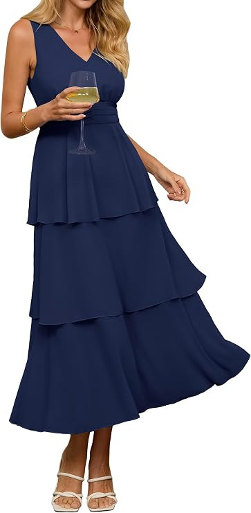 BerryGo Womens Summer Sleeveless Maxi Dress Chiffon Flowy V Neck Casual Ruffle Tiered Boho Weddin... | Amazon (US)