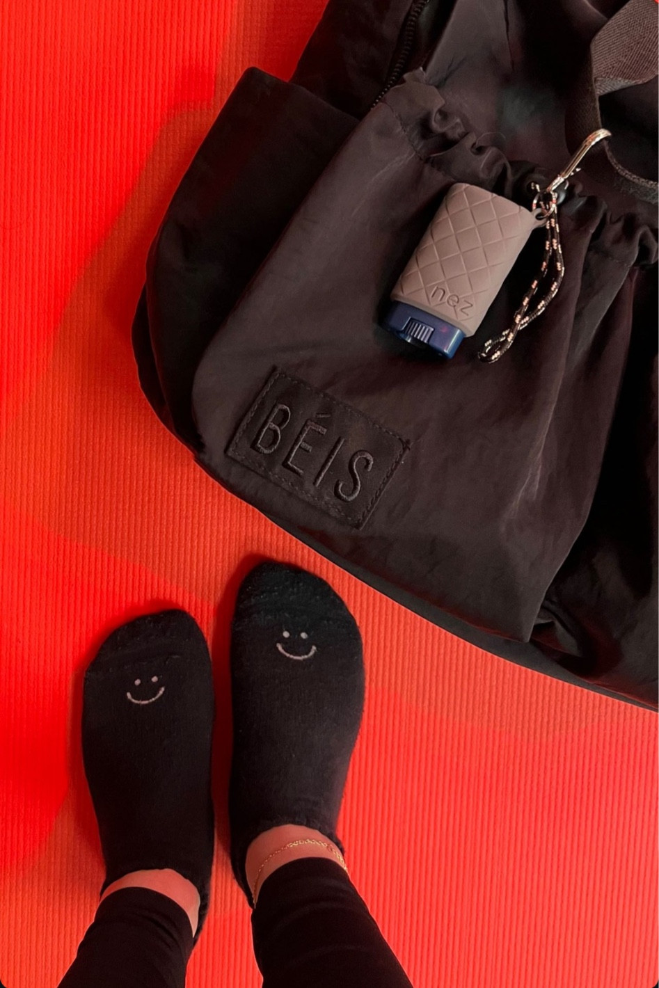 Pilates Instructor Essentials! Beis sport carry all, Pointe Studio grip socks, Nez deodorant, Manduka yoga mat