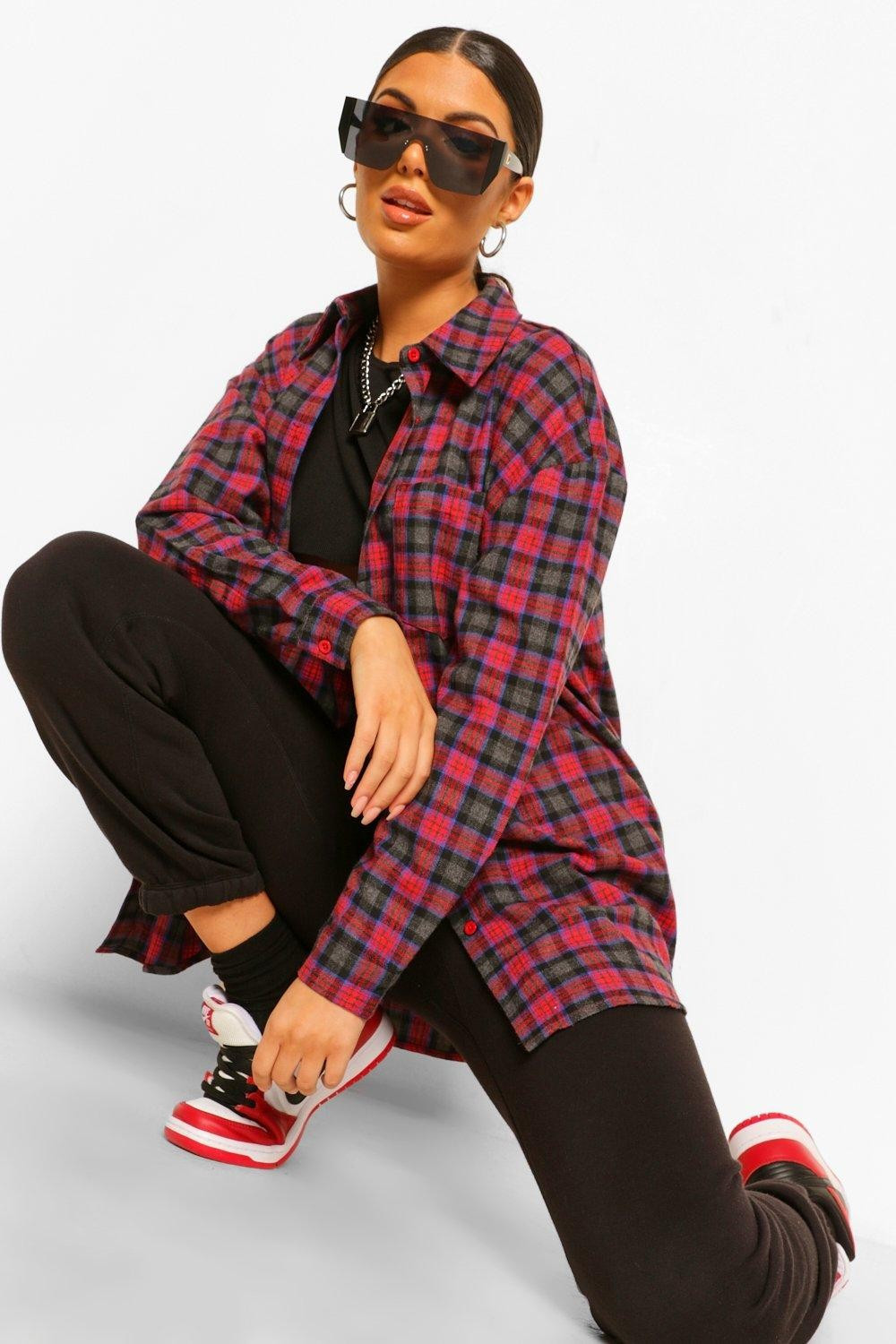 Womens Oversized Flannel Shirt - Red - 10 | Boohoo.com (US & CA)