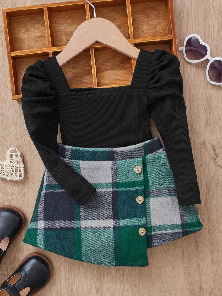 SHEIN Baby Gigot Sleeve Top & Plaid Print Asymmetrical Hem Skirt | SHEIN
