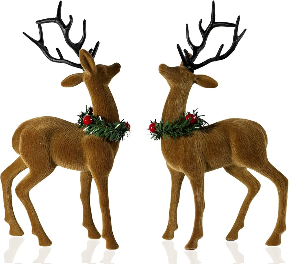 2pcs Reindeer Christmas Decorations, Flocking Christmas Reindeer Figurines with Red Berry and Pin... | Amazon (US)