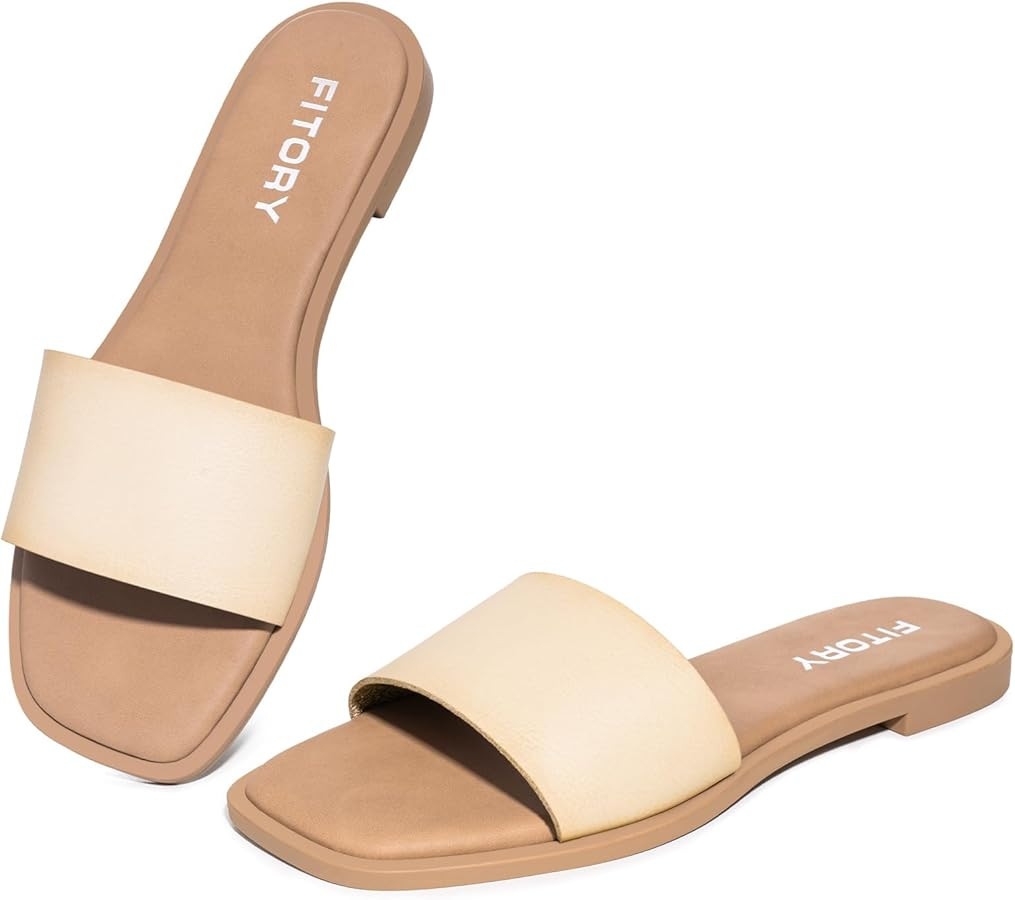 FITORY Women's Slide Sandals Fashion Square Open Toe with Cushioned Footbed Slippers for Beach Si... | Amazon (US)