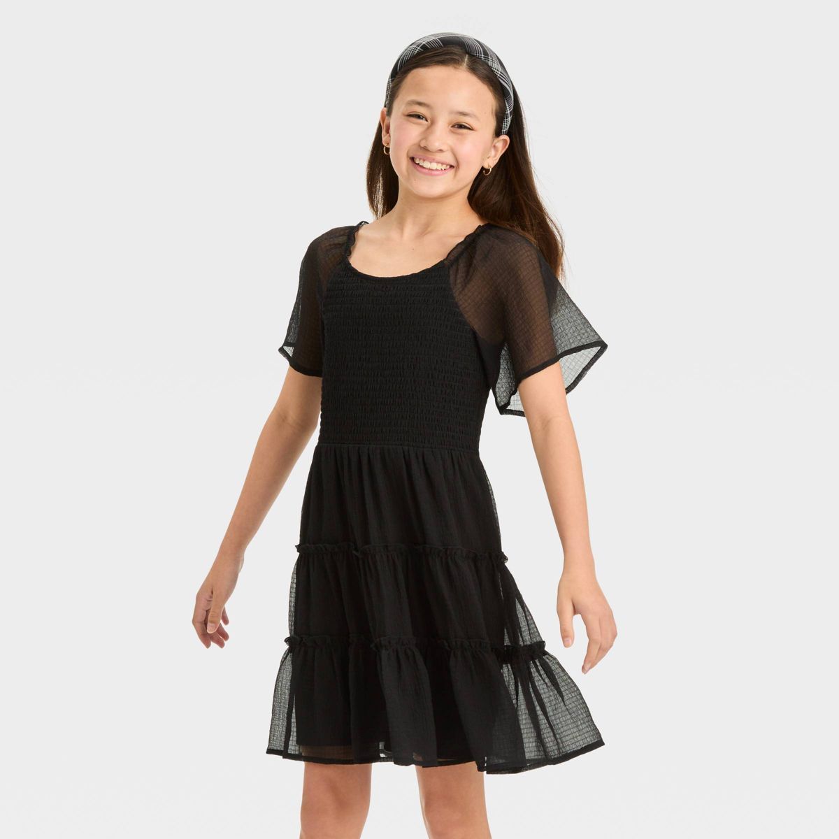 Girls' Smocked Bodice Flutter Sleeve Textured Dress - art class™ | Target