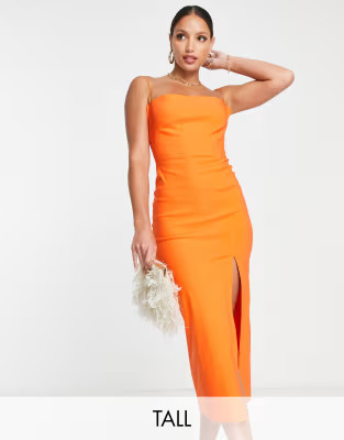 Vesper Tall strappy open back midi dress with thigh split in orange | ASOS (Global)