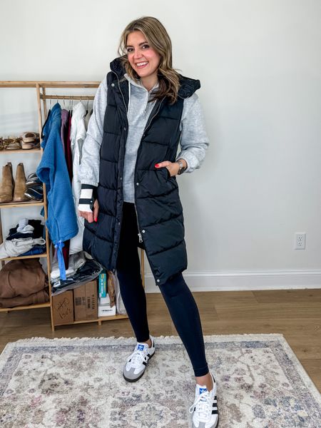 Leggings outfit. Mom outfit idea. Long puffer vest, pullover sweatshirt, and leggings all fit true to size.

#LTKmidsize #LTKstyletip #LTKfindsunder100