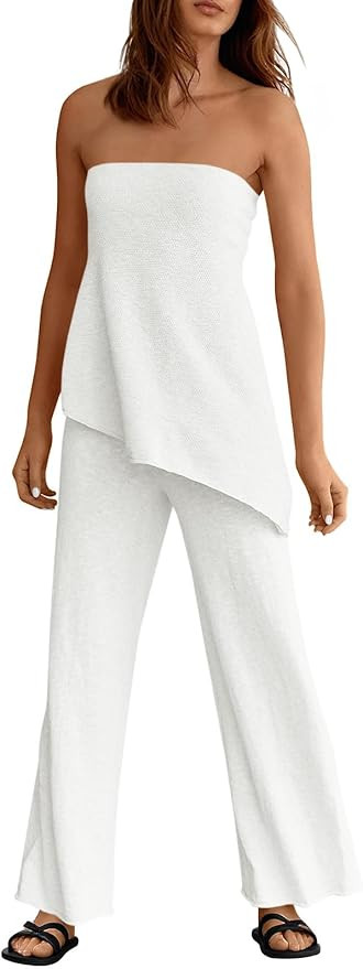 Tankaneo Womens 2 Piece Outfits Asymmetrical Tube Top Wide Leg Pants Knit Vacation Travel 2025 Ma... | Amazon (US)