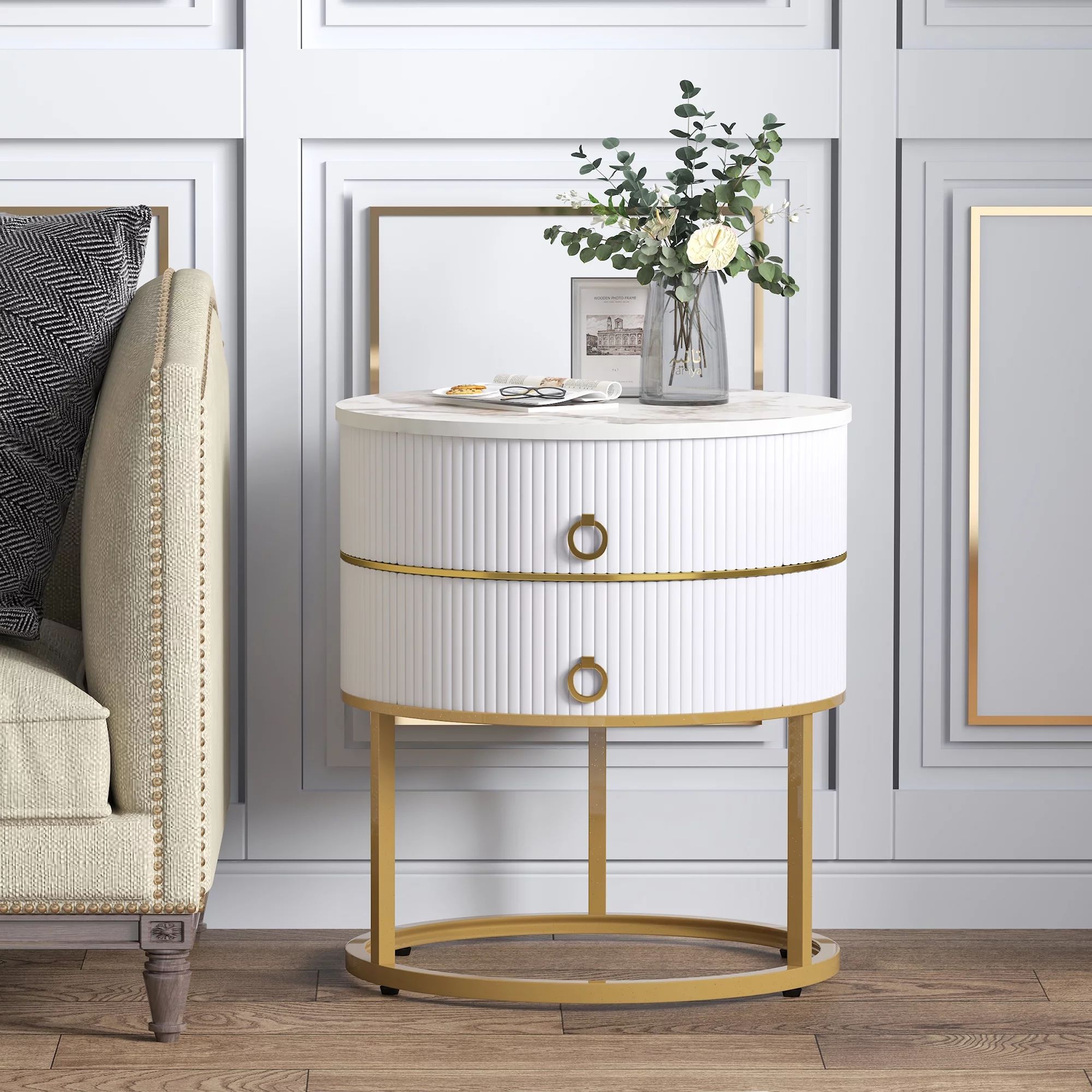 O&K FURNITURE White End Table with 2-Drawer, 21.85’’ H Sofa Side Table, Metal Round Nightstan... | Walmart (US)