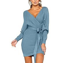 CHERFLY Women's V Neck Sweater Dresses Batwing Long Sleeve Backless Bodycon Dress with Belt | Amazon (US)