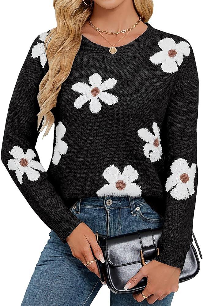 Womens Oversized Cute Flower Sweater Winter 2025 Trendy Ladies Dressy Fuzzy Knit Crew Neck Long S... | Amazon (US)