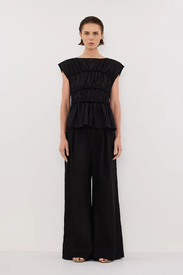 FLYNN BLACK LINEN TIERED TOP | DISSH