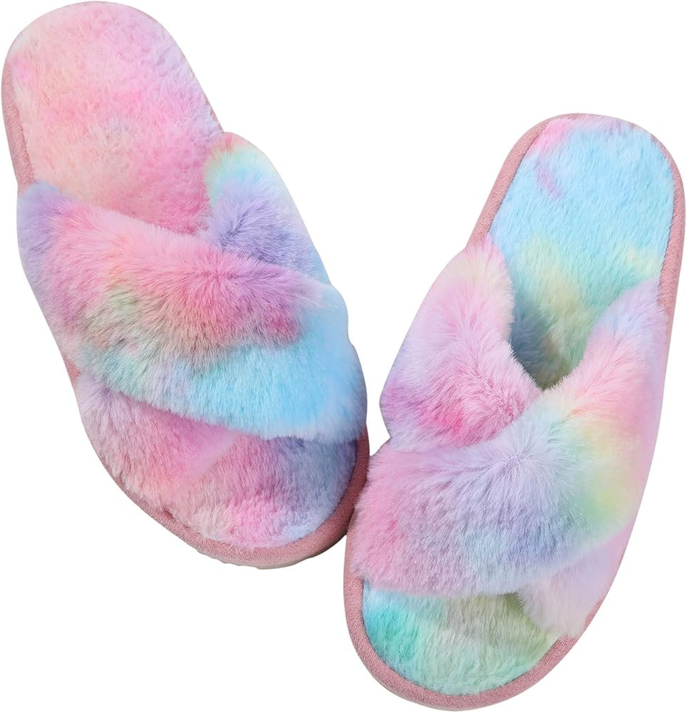 Women's Soft Plush Lightweight House Slippers Fuzzy Cross Band Slip on Open Toe Cozy Indoor Outdoor  | Amazon (US)