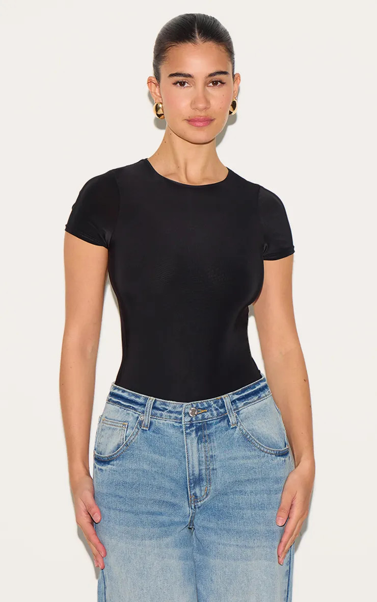 Black Basic Slinky Short Sleeve Bodysuit | PrettyLittleThing US