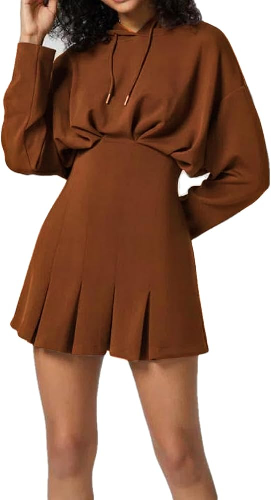 LifeHe Women Hooded Sweatshirt Dress Drawstring Pullover Tunic Tops Pleated Tennis Mini Dresses | Amazon (US)