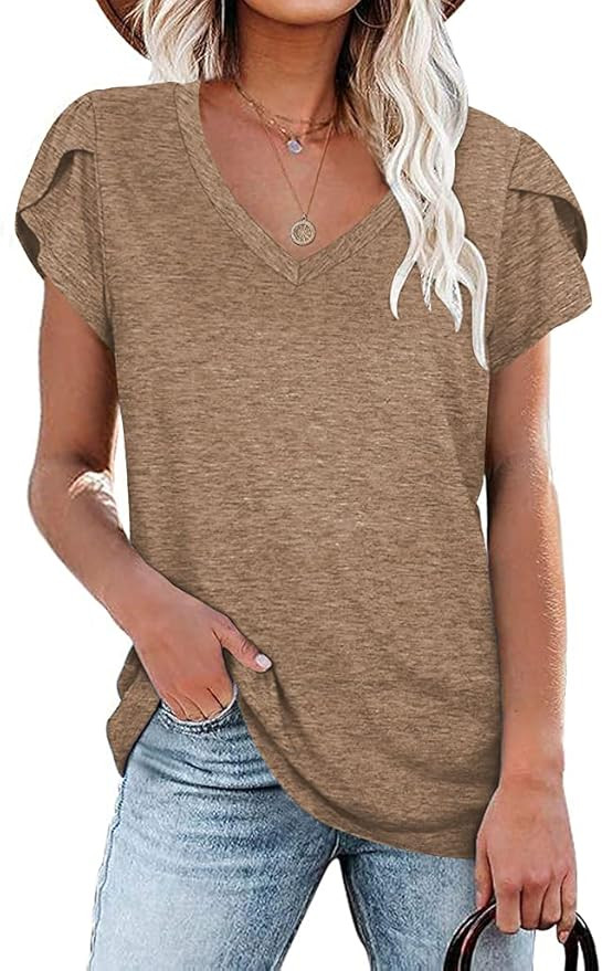 oten Womens V Neck T Shirts Summer Petal Short Sleeve Casual Tops | Amazon (US)
