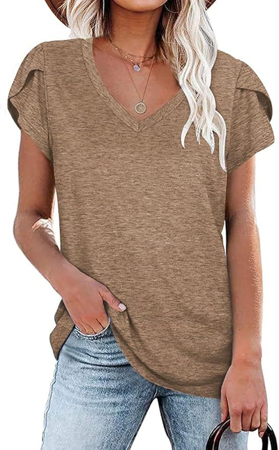 oten Womens V Neck T Shirts Summer Petal Short Sleeve Casual Tops | Amazon (US)