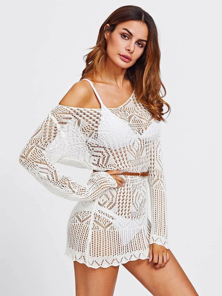 Off Shoulder Scallop Trim Open Knit Cover Up | SHEIN