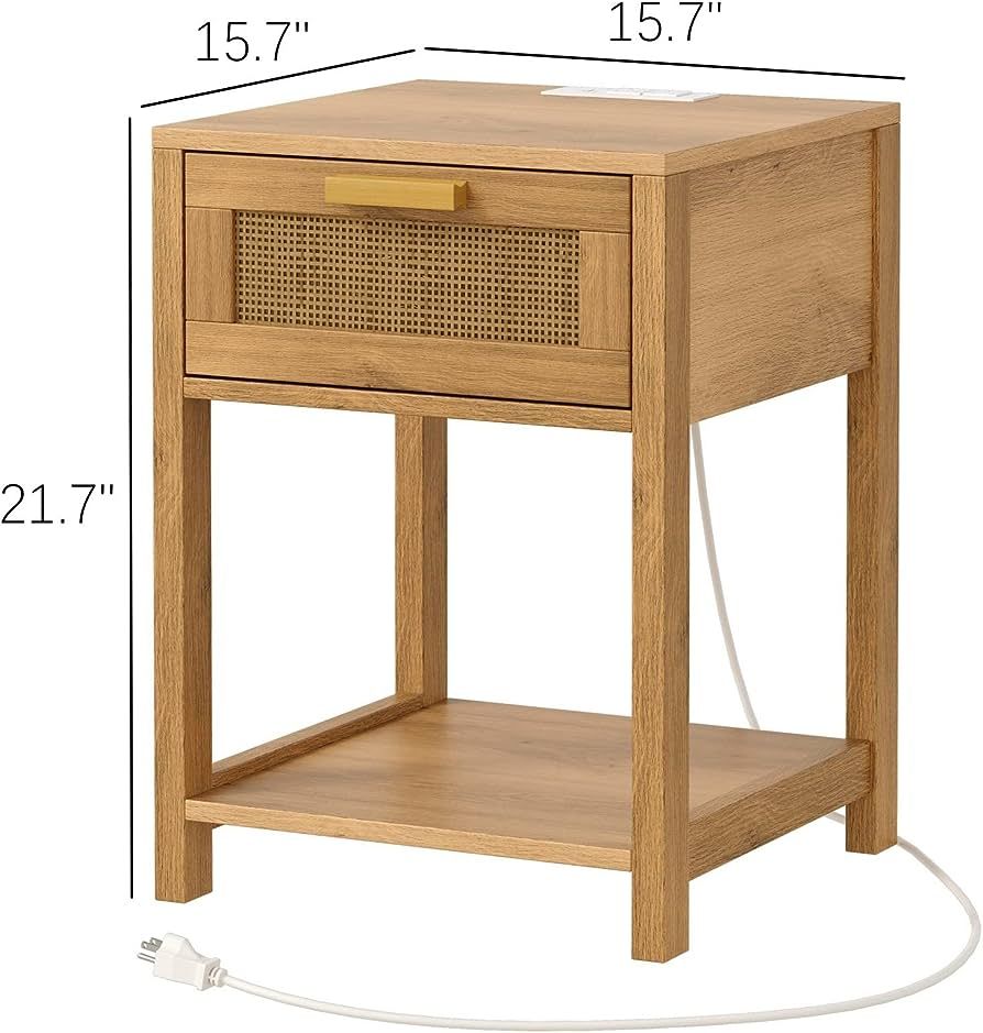 Rovaurx Rattan Nightstand with Charging Station, Wooden End Table with Storage Drawer and Opening... | Amazon (US)