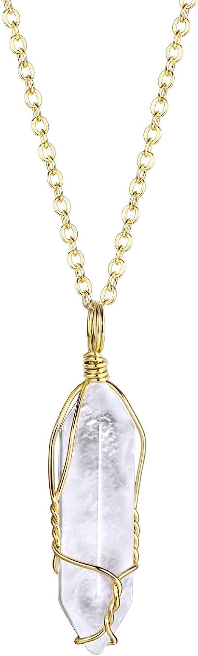 BOUTIQUELOVIN Hexagonal Natural Quartz Stone Pendant Healing Crystal Full Wire Wrap Gemstone Neck... | Amazon (US)