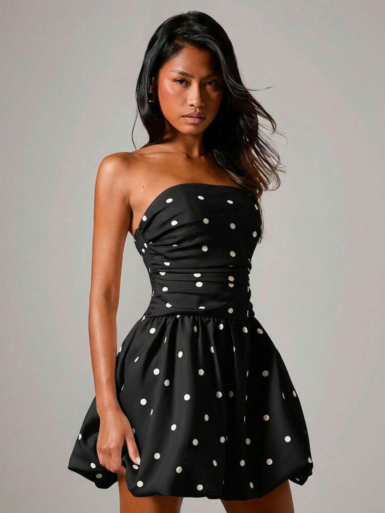 COSMINA Women's Fashionable Polka Dot Print Bandeau Mini Dress, Summer | SHEIN