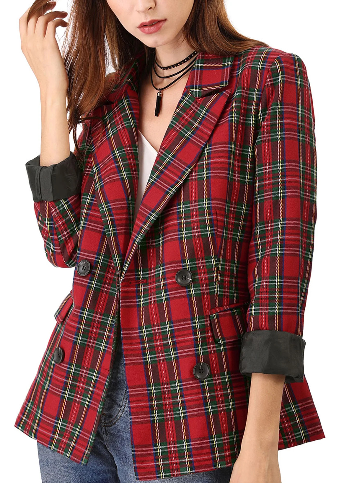 Allegra K Women's Halloween Costume Notched Lapel Double Breasted Plaid Blazer Jacket - Walmart.c... | Walmart (US)