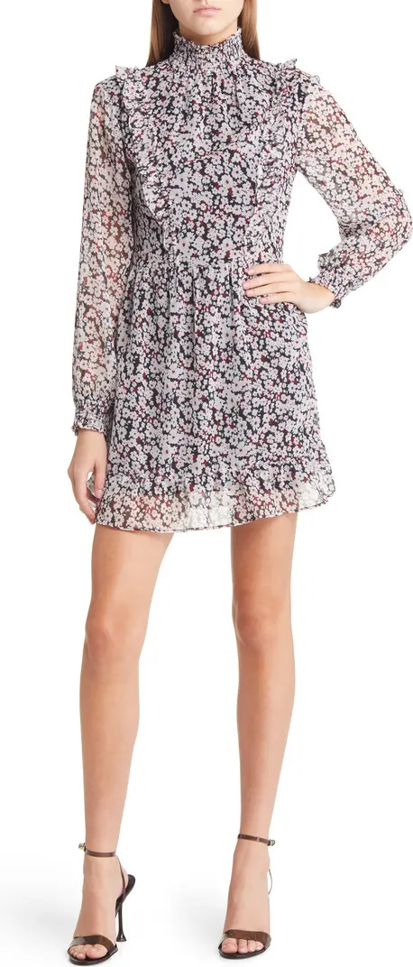 Floral Print Ruffle Trim Long Sleeve Chiffon Babydoll Dress | Nordstrom Rack