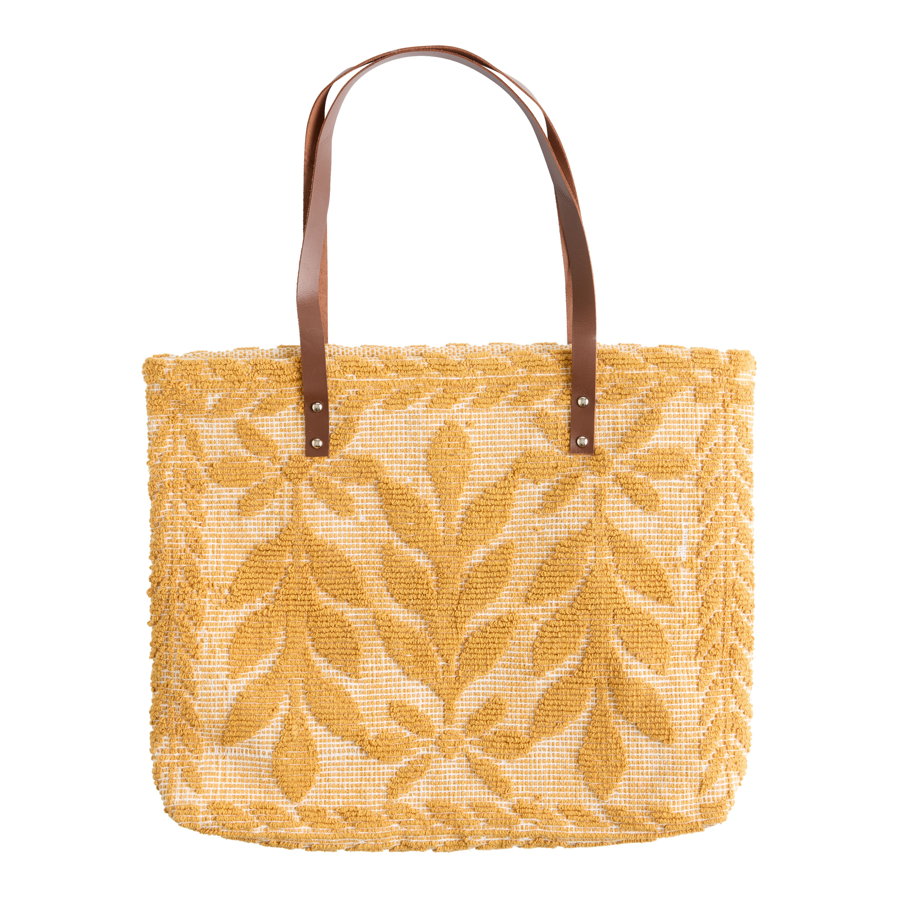 Mustard Jacquard and Leather Textured Leaves Tote Bag | World Market