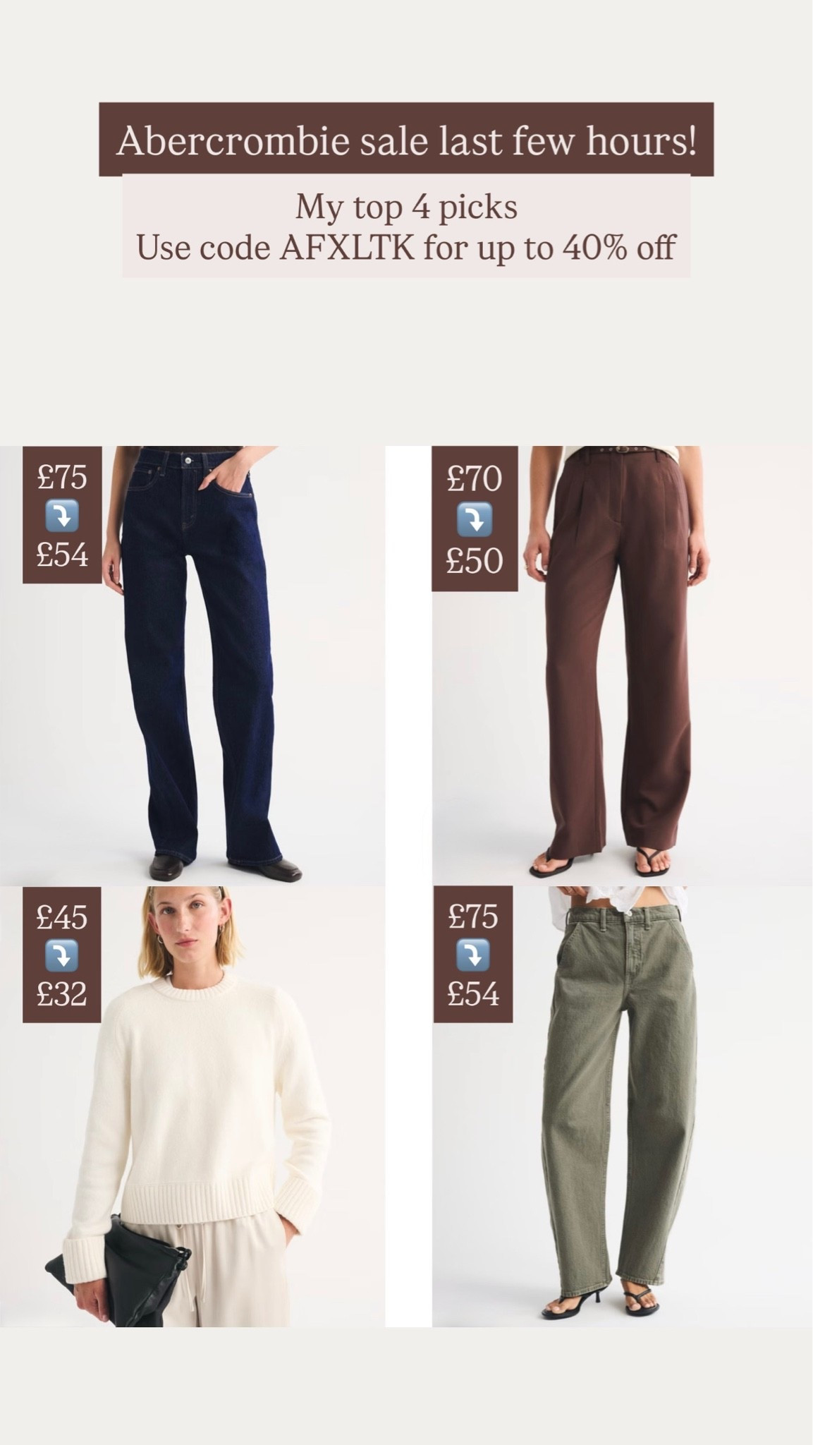 Abercrombie sale top 4 picks Use code- use code AFXLTK for up to 40% off

#LTKFashionMonth #LTKautumn #LTKjeans