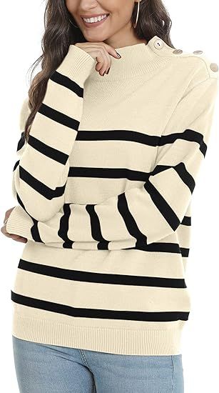 LONGYUAN 2021 Winter Women's Turtleneck Striped Knit Sweater Long Sleeves Casual Loose Pullover T... | Amazon (US)