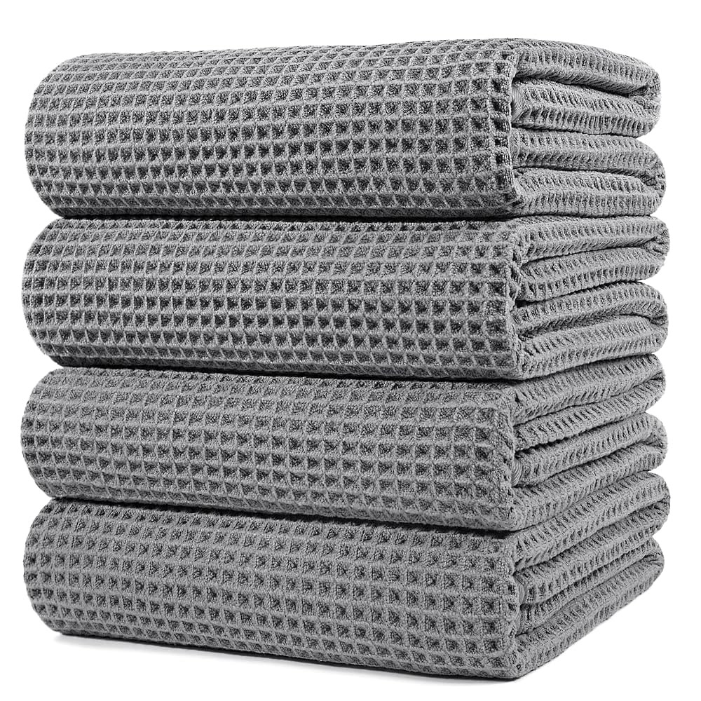 POLYTE Microfiber Oversize Quick Dry Lint Free Bath Towel, 60 x 30 in, 4 Pack (Waffle Weave) | Amazon (US)