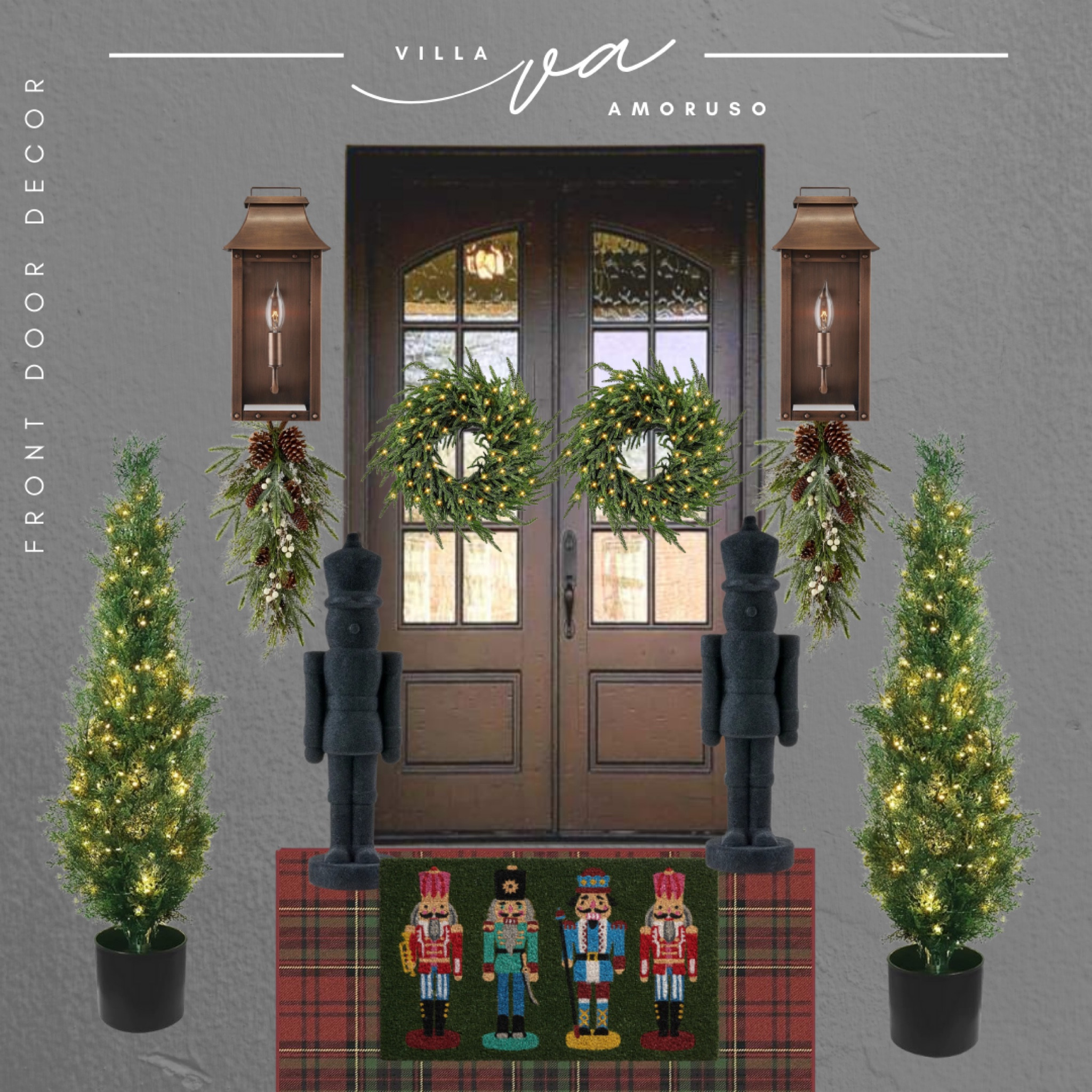 Front door decor.  Christmas front door.  Nutcracker welcome mat. Plaid welcome mat. Lighted outdoor trees.  

#LTKHome #LTKHoliday #LTKSeasonal
