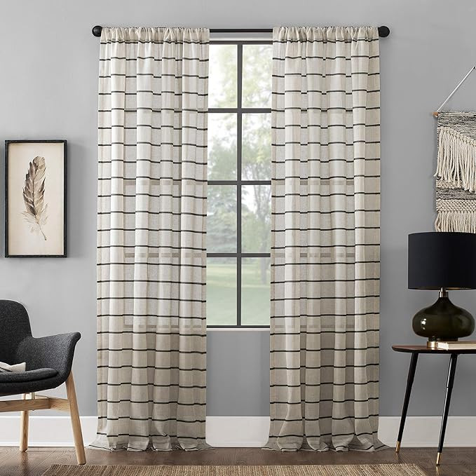 Clean Window Twill Stripe Allergy/Pet Friendly Anti-Dust Sheer Curtain Panel, 52" x 84", Black/Li... | Amazon (US)