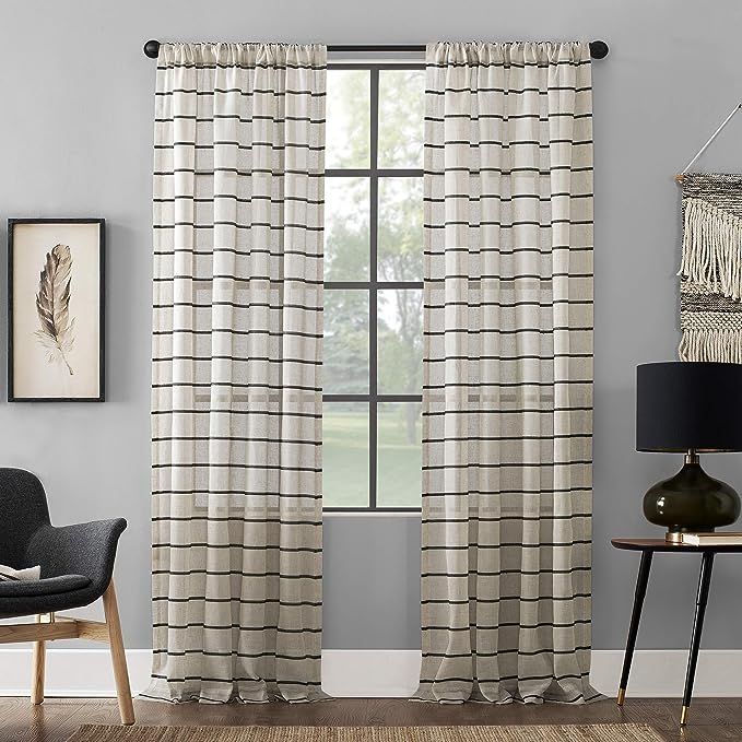 Clean Window Twill Stripe Allergy/Pet Friendly Anti-Dust Sheer Curtain Panel, 52" x 84", Black/Li... | Amazon (US)