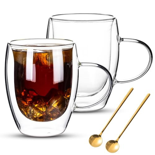 Noevany Double Wall Glass Coffee Mugs Set, Set Of 2 Glass Cup with 2 Gold Spoons, Clear Coffee Mug 12oz for Cappuccino, Latte, Milk, Tea, Hot and Cold Beverages, Housewarming Wedding Present Gifts | Amazon (US)