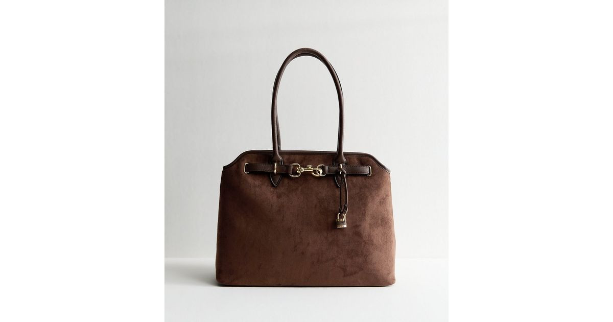 Dark Brown Faux Suede Belted Tote Bag | New Look | New Look (UK)